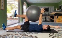 The dead bug with stability ball is an exercise that strengthens the core. To squeeze the ball you must flex you abs which creates a greater extension force to fight.
