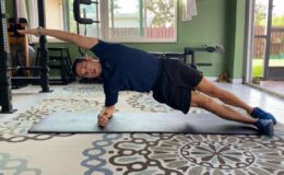 The side plank cross connect is a core exercise that strengthens the bottom sides obliques and top legs adductors.