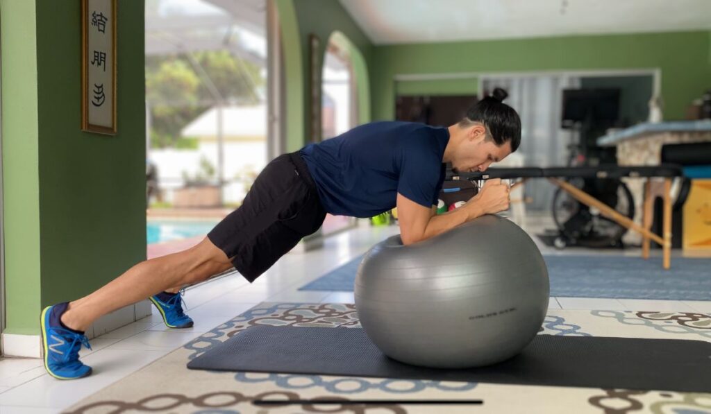 The stability ball body saw is an anti-extension exercise used to strengthen the core muscles.