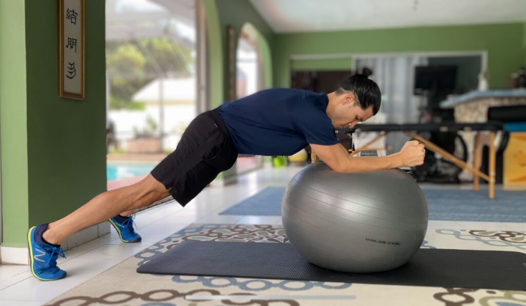 The stability ball body saw is an anti-extension exercise used to strengthen the core muscles.