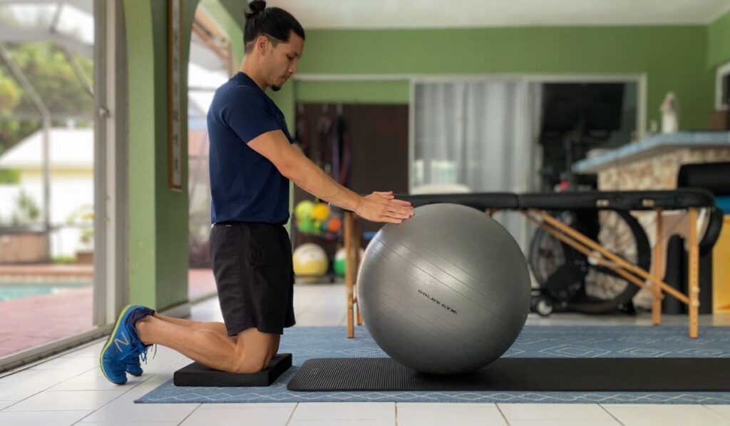 The stability ball roll out is a core exercise that strengthens the abs to fight extension.