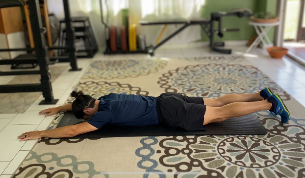 The superman exercise works extension in the hips and back. This exercise strengthens the core and glutes.